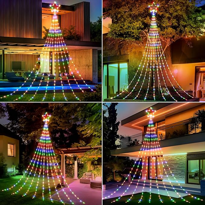 Brightown Christmas Decorations Star String Lights - 660 LED 24ft 9 Strands Waterfall Tree Lights with Topper Star, 8 Lighting Modes Multicolor for Indoor Outdoor Decorative Wedding Yard Party Home