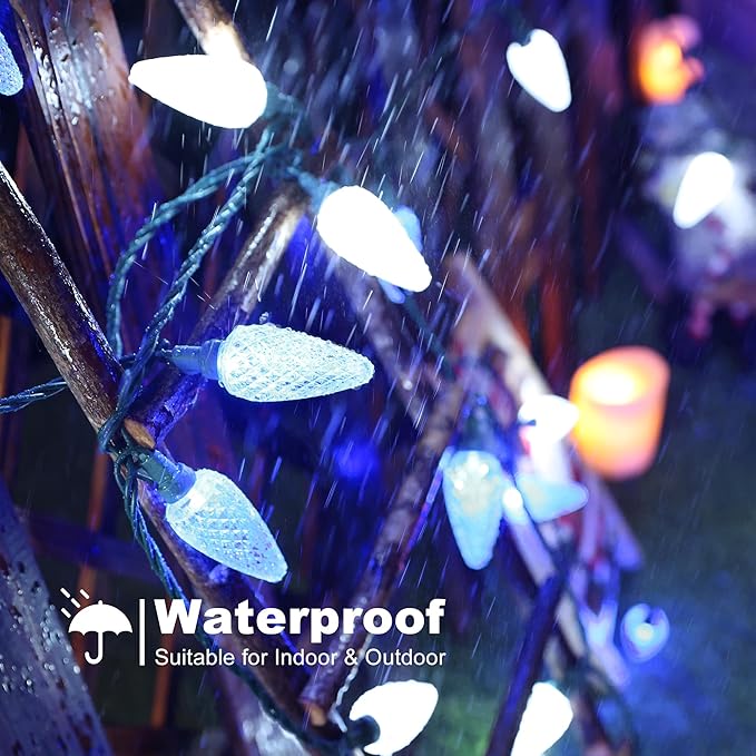 Brizled Blue & White 33ft 50 LED Faceted Outdoor Xmas Lights, Connectable, UL Certified Waterproof for Christmas Tree House Roof Party Decor