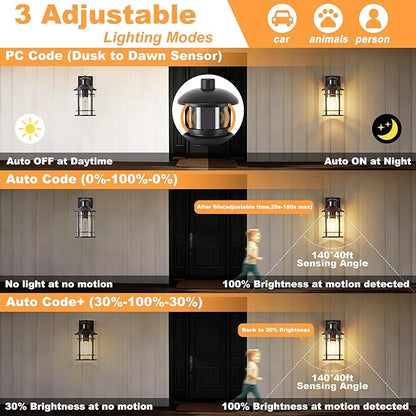 OKELI Motion Sensor Outdoor Wall Lights-Dusk to Dawn Porch Light,Black Outdoor Lights Fixture,3 Lighting Modes Waterproof Anti-Rust Outdoor Lights for House Porch Garage (2 Pack