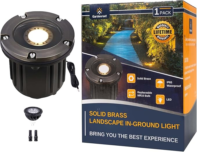 Gardenreet In Ground Well Light - Brass 12V LED Outdoor Waterproof Landscape Lighting, Ip65 Low Voltage in-Grade Flush Light, Antique Bronze for Walkway Wall Tree with 2700K Warm White MR16 Bulb