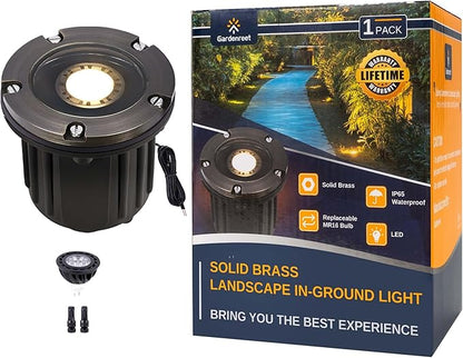 Gardenreet In Ground Well Light - Brass 12V LED Outdoor Waterproof Landscape Lighting, Ip65 Low Voltage in-Grade Flush Light, Antique Bronze for Walkway Wall Tree with 2700K Warm White MR16 Bulb
