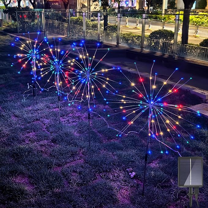 Solar Garden Firework Lights Outdoor, 4 Pack 360 LED 8 Lighting Modes Waterproof Landscape Decorative Sparklers Twinkling Starburst Lights for Yard Pathway Walkway Christmas, Colorful