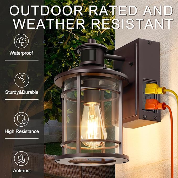 OKELI Retro Industrial Brown Outdoor Wall Lights with GFCI Outlet - Dusk to Dawn & Motion Sensor Porch Light, 3 Modes, Waterproof Anti-Rust Exterior Sconce for Porch,Garage, Patio, House
