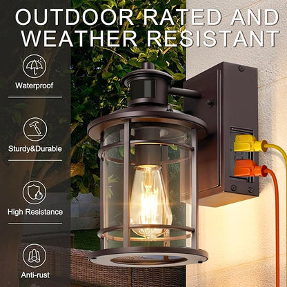 OKELI Retro Industrial Brown Outdoor Wall Lights with GFCI Outlet - Dusk to Dawn & Motion Sensor Porch Light, 3 Modes, Waterproof Anti-Rust Exterior Sconce for Porch,Garage, Patio, House