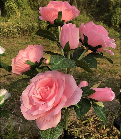 [Upgraded 6 Flowers]Solar Garden Decorative Artificial Flowers Lights, Outdoor Waterproof Rose Stake Light for Country Yard Front Porch Step Pathway Memorial Cemetery Grave Gravesite Decor,Pink