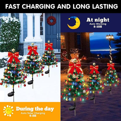 KHOYIME Solar Christmas Tree 4 Pack 33.5in Outdoor Waterproof Solar Powered Prelit Xmas Tree with 80 LED Lights 2 Flashing Modes 136 DIY Xmas Ornaments Holiday Decoration for Garden Pathway Yard Patio