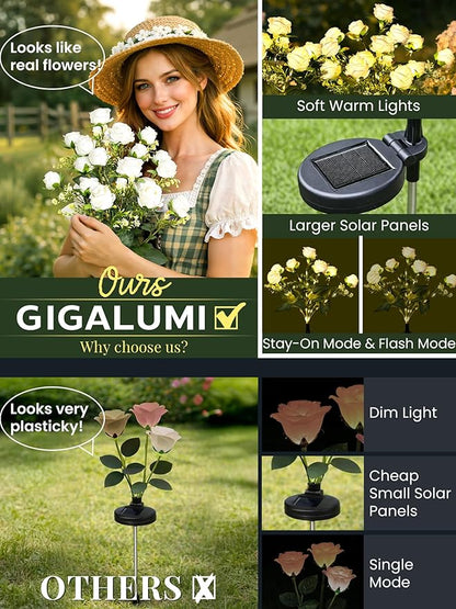 GIGALUMI Solar Lights Outdoor for Garden Decor, 4 Pack Solar Flower Lights Waterproof, 2 Lighting Modes 28 Rose Flowers for Pathway,Yard, Patio Decoration, Gardening Gifts for Women (White)