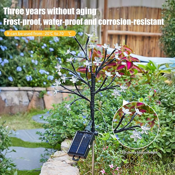 2 Pack Solar Flowers Lights Waterproof Decorative Cherry Blossom for Outside Yard Lawn Patio Pathway Decorations