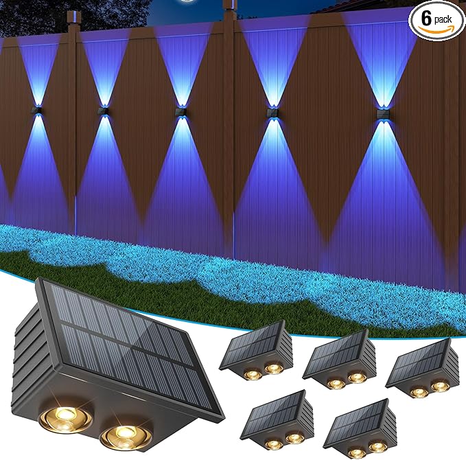 VOLISUN Solar Fence Lights 6 Pack, Color Glow LED Up and Down Wall Lights, IP65 Waterproof Solar Lights Outdoor for Patio, Backyard, Railing, Deck, Fence and Wall (4 Lenses)