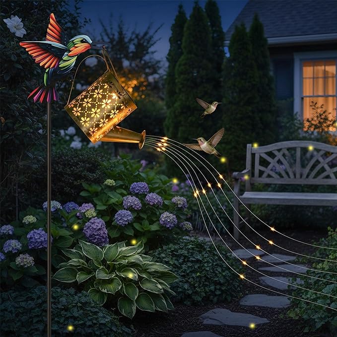 Solar Watering Can with Cascading Lights Outdoor Garden Decor,Solar Hummingbird Lights Shaped Hook Gardening Gifts | Lumora