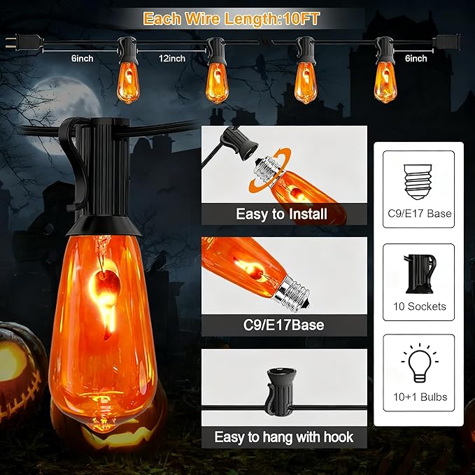 Halloween String Lights10Ft with 10 Flickering Bulbs,Halloween Lamp with UL Listed IP44 Waterproof for Indoor/Outdoor Use, Patio, Garden, Gazebo, Fall Decorations for Home