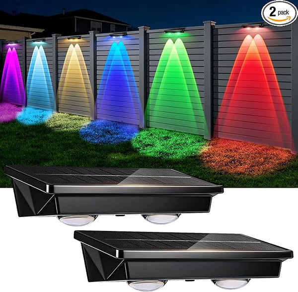 Solar Fence Lights Outdoor 2Pack, Warm White & 6 Color Change and Glass Panel, Waterproof High Brightness Solar LED | Lumora