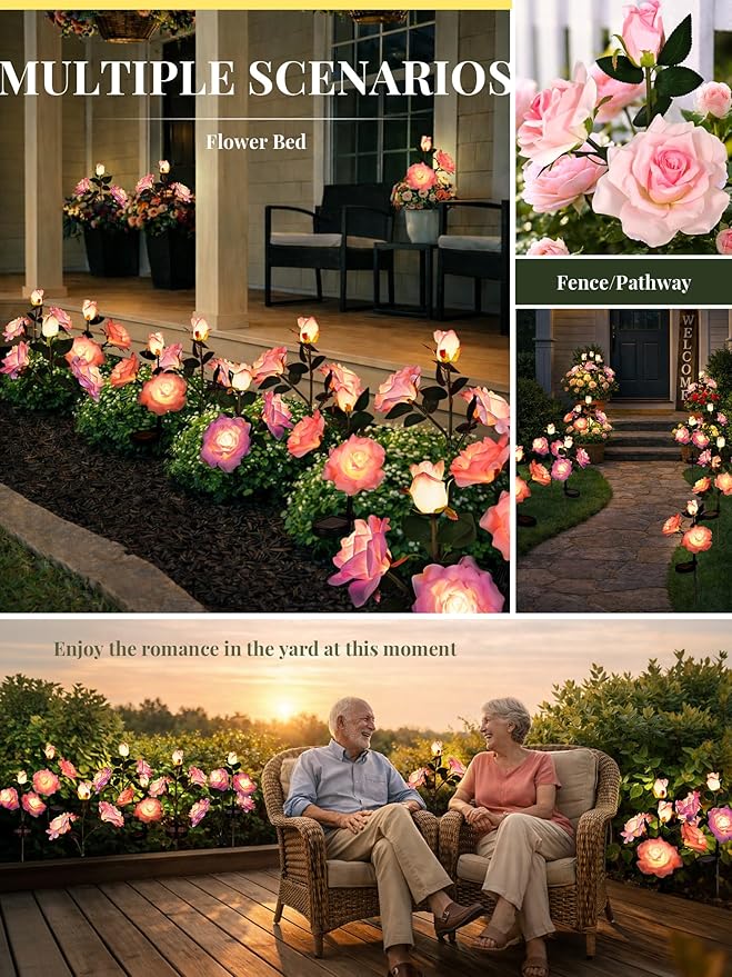 GIGALUMI Solar Lights Outdoor for Garden Decor, 4 Pack Solar Flower Lights Waterproof, 2 Lighting Modes 12 Rose Flowers for Pathway,Yard, Patio Decoration, Gardening Gifts for Women (Pink+Purple)