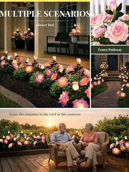 GIGALUMI Solar Lights Outdoor for Garden Decor, 4 Pack Solar Flower Lights Waterproof, 2 Lighting Modes 12 Rose Flowers for Pathway,Yard, Patio Decoration, Gardening Gifts for Women (Pink+Purple)