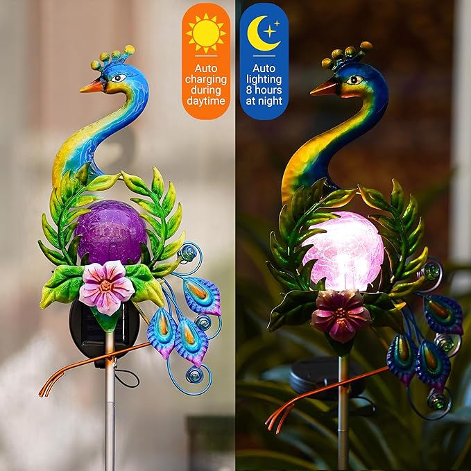 Solar Globe Lights for Yard Decoration,40.9 Inch Metal Peacock Front Porch Decor with Cracked Glass Puck Light for Patio Pathway Yard Decoration