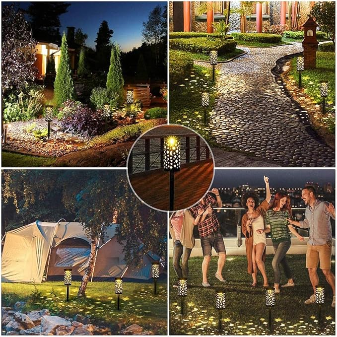 Ulalaza Solar Pathway Lights Iron Lantern Retro Hollow Ground Light LED Outdoor Waterproof Lighting Flame Lamp for Path Landscape Lawn Yard