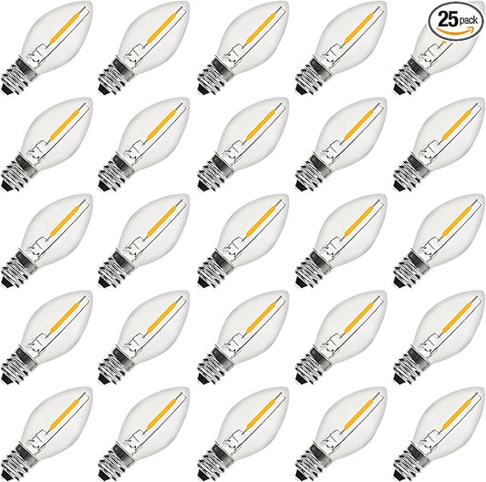 C7 LED Bulbs Christmas C7 LED Light Bulbs 25 Pack C7 LED Replacement Bulbs C7 LED Christmas Lights Replacement Bulbs 0.6 Watt C7/E12 Candelabra Base for Candle Christmas Tree Patio Christmas Decor