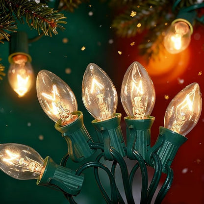 25Ft Clear Chritsmas Lights Outdoor, C7 Vintage String Lights with 27 Clear Incandescent Bulbs, Hanging Patio Lights for Porch Roofline Christmas Tree Garden Pathway Indoor Decor