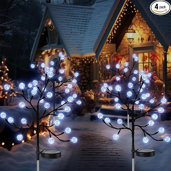 4 Pcs Outdoor Christmas Pathway Lights Decor Solar Christmas Stake Light Waterproof Outside Crystal LED Globe for Path Patio Garden Party Decor(White)