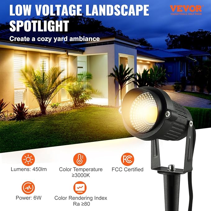 VEVOR Landscape Lighting, 6W Low Voltage LED Landscape Lights, IP66 Waterproof Landscape Spotlights Yard Lawn | Lumora