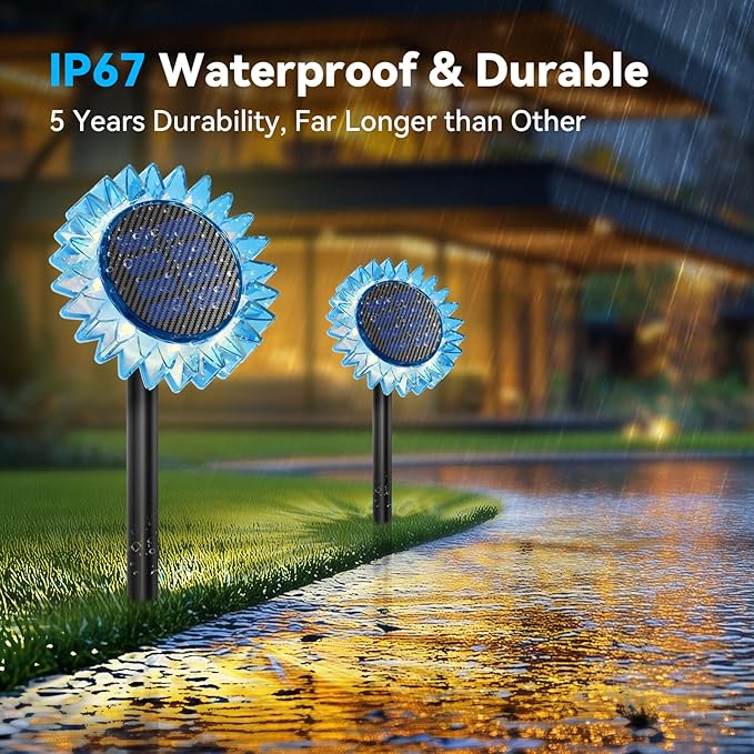 Solar Garden Lights - Upgraded Solar Sunflower Light, Ground/Wall 2 In 1, Solar Outdoor Lights Waterproof IP67,Garden Yard Patio Backyard Pathway Landscape Fence Wall Decoration, Warm White(4 Pack)