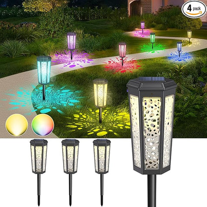 Colored Solar Powered Pathway Landscape Lights Outdoor Warm White & RGB Dusk to Dawn Waterproof for Garden Sideway Outside, Patio, Path, Yard, Walkway, Driveway, 2 Modes 4 Pack Accent Modern Design