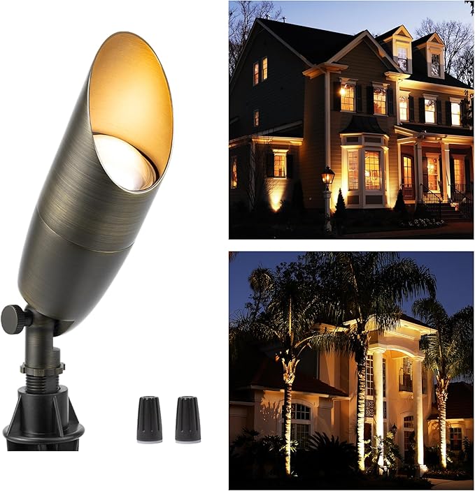 Gardenreet Landscape Spotlights Low Voltage - Brass Outdoor Uplight Wired LED, 12V Spot Lights Waterproof Single Bronze for Exterior Garden Yard Tree House Without MR16 Bulb