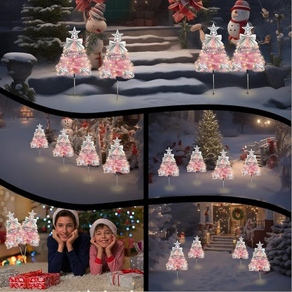 4 Pack Christmas Tree Solar Pathway Lights Outdoor Decorations, Waterproof Artificial Mini Xmas Tree Stake Lights with DIY Ornamets for Garden Yard Porch Decor (Pink Tree)