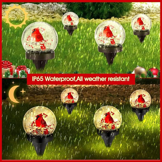 WILLBOND 4 Pcs Cardinal Bird Solar Light Outdoor Glass Ball Red Bird Solar Globe Ground Lights Christmas Lawn Garden Pathway Yard Ornaments for Patio Porch Decorations Mom Gift
