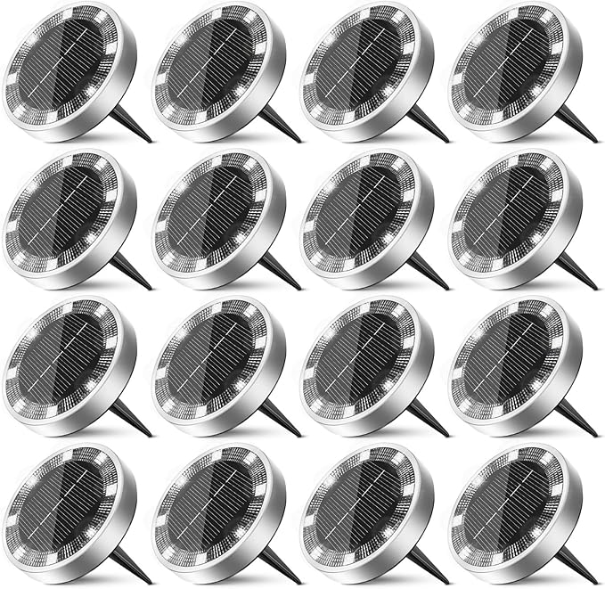 16 Pack Solar Ground Lights Outdoor, 8 LED Mini Flat Solar Disk Lights, IP65 Waterproof Anti-Rust Disc Light | Lumora