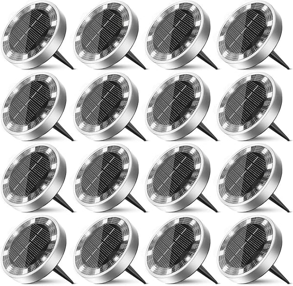16 Pack Solar Ground Lights Outdoor, 8 LED Mini Flat Solar Disk Lights, IP65 Waterproof Anti-Rust Disc Light | Lumora