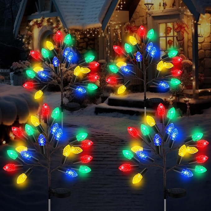 4 Pcs Christmas Solar Pathway Lights Outdoor Decorations 28" Christmas Stake Lamp Yard Waterproof 8 Modes 20 LED Pine Cones Tree for Walkway Path Garden Patio Decor