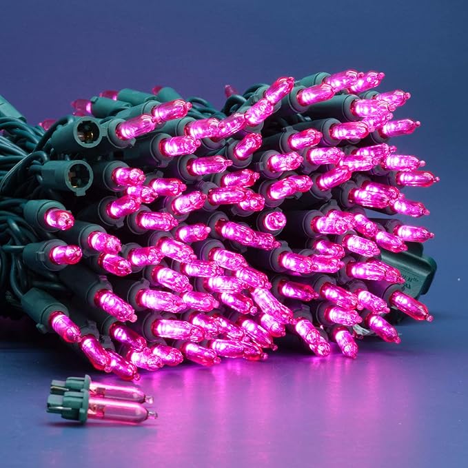 200 Count Pink LED Christmas Lights, 66 ft Green Wire UL Certified Commercial Grade Holiday String Light Set (Pink)