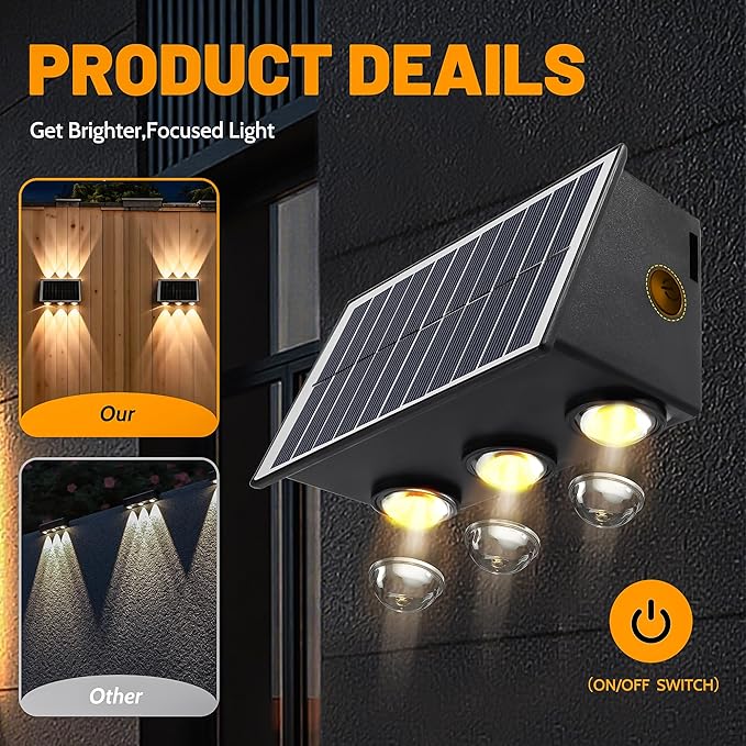 6 Pack Solar Fence Lights Outdoor, 6 LED Warm White (100 Lumens Each) Waterproof Wall Lights for Yard Garden Pathway Patio, Auto On/Off, IP65, Easy Install – No Wire Needed (6 Pack)