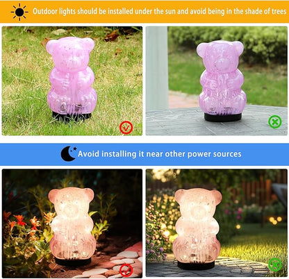 Solar Lights Outdoor, Cracked Glass Bear Lights for Garden, Outside, Decorative LED Decorations for Patio and Yard Lawn Backyard Decor, Waterproof, Pink