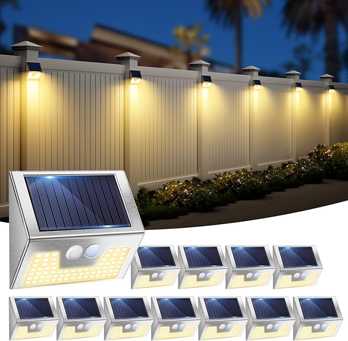 12 Pack Solar Lights Outdoor Motion Sensor, Waterproof Fence Lights 3 Lighting Mode, Warm White LED Outside Lights | Lumora