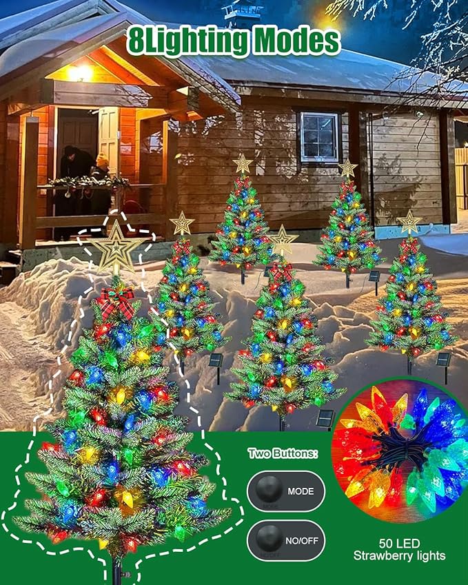 Upgraded 2-Pack 3.6 FT Solar Christmas Tree, Outdoor Christmas Decorations, Xmas Tree Solar Powered with 100 LED Multi-Color C6 String Lights, Suitable for Outside Garden Patio Yard Pathway