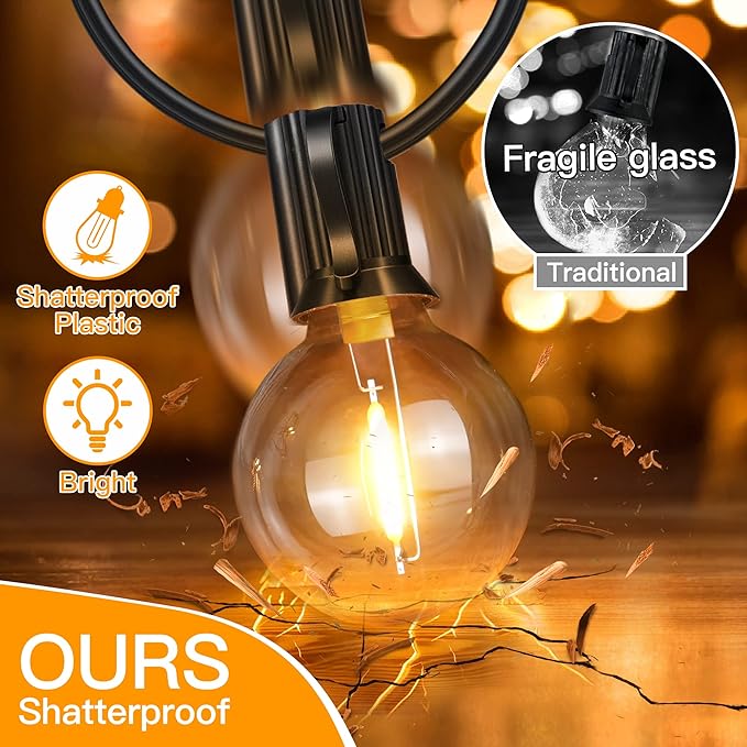 Ollny 25FT Outdoor String Lights, Waterproof Connectable Shatterproof Outside Light with 13 Edison + 1 Spare LED | Lumora