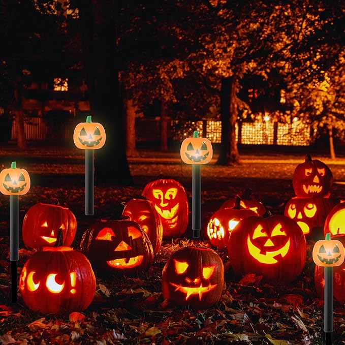 (12) Halloween Solar LED Pumpkin Stake Lights, 13in Easy Install Plastic Solar-Powered Yard Stakes Spooky | Lumora
