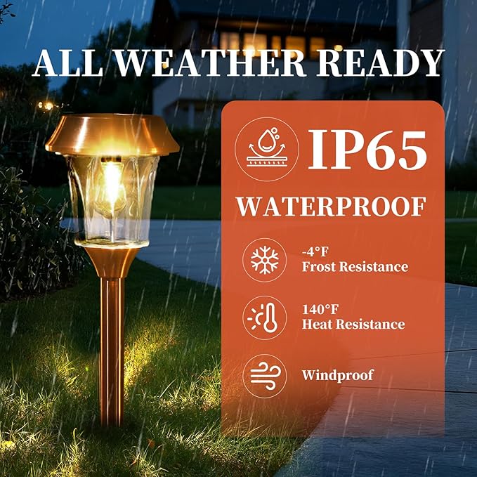 Solar Garden Lights Outdoor Waterproof, Stainless Steel & Glass Path Lamps, 12-25 LM Dimmable Dusk to Dawn Solar Powered LED Lighting, IP65 Outside Decor for Poolside, Driveway, Backyard, 4 Pack