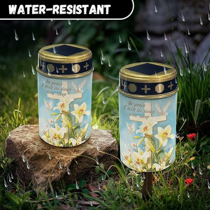 Cemetery Decorations for Grave Lily Solar Cross for Cemetery Grave Waterproof Dusk to Dawn Sensor Solar Grave Lamp for Cemetery Bereavement Gifts 2 Pack