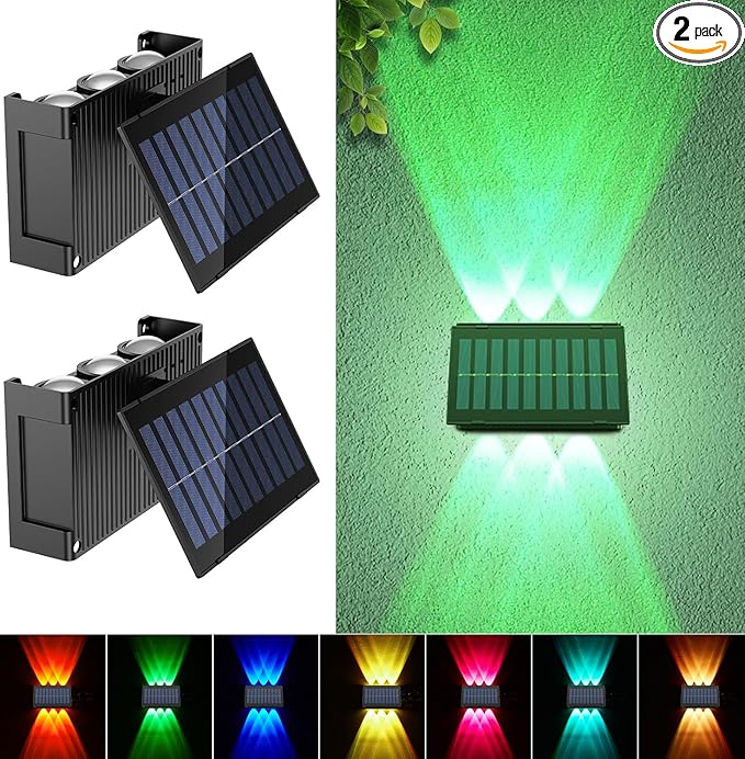Sunvivo Solar Wall Lights Outdoor,Cordless,Waterproof IP65,Adjustable PV Panel,Up and Down Lamp Wall Sconce Deco Light for Exterior Wall Garage Fence Yard Patio Café Pub-2 Pack RGB(red,green,blue)