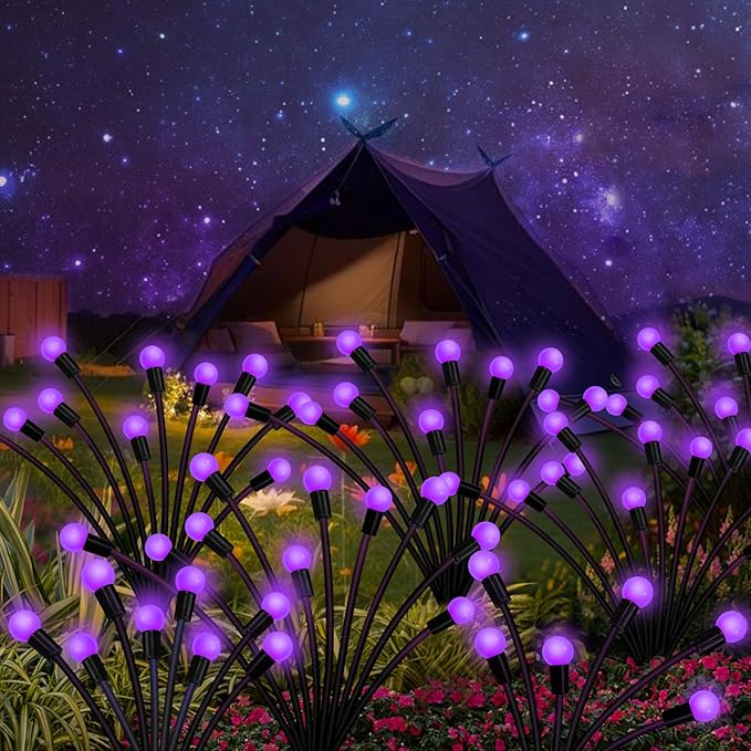 Kohlrabi Solar Garden Lights Outdoor, 6 Pack 60 LED Solar Purple Firefly Lights Waterproof, Sway by Wind, Halloween Swaying Light for Yard Patio Backyard Garden Planter Flower Bed Pathway Decoration