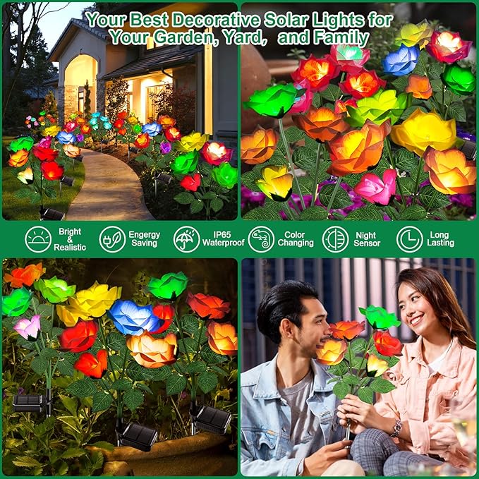 Garpar 6Pack Solar Flowers Lights Outdoor Waterproof - 2026 Upgraded Brighter Solar Garden Lights with 30 Beautiful & Realistic Rose Flowers - Colorful Solar Outdoor Lights for Yard Garden Decor