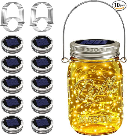 VOOKRY Solar Mason Jar Lights - 10 Pack 30 LED Waterproof Outdoor Fairy Firefly Jar Lids String Lights with Hangers (No Jars) for Mason Jars Patio Garden Yard Party Wedding Decoration(Warm White)