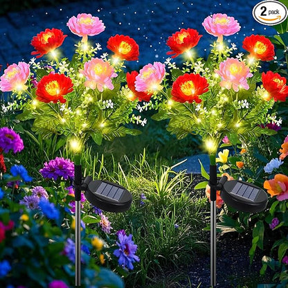 2 Pack Solar Flower Lights Outdoor - 14 Blooming Waterproof Snow Lotus Garden Lights for Patio, Yard, Pathway, and Landscape Decoration - Auto On/Off, IP65