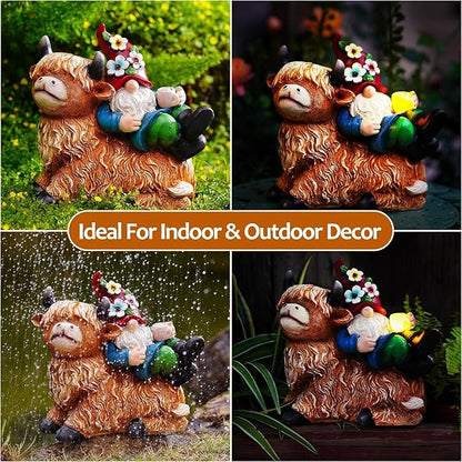 Garden Gnomes Decor Outdoor Statues Gnome on Highland Cow Hold Solar Cup Light Outdoor Decorations for Patio,Yard and Gift for Mom