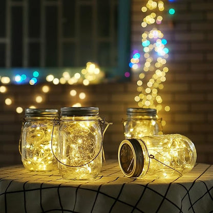 Solar Mason Jar Lid Lights, 8 Pack 20 LED Waterproof Fairy Star Firefly String Lights with (8 Hangers Included,Jars Not Included), for Mason Jar Table Garden Wedding Party Decor (Warm White)