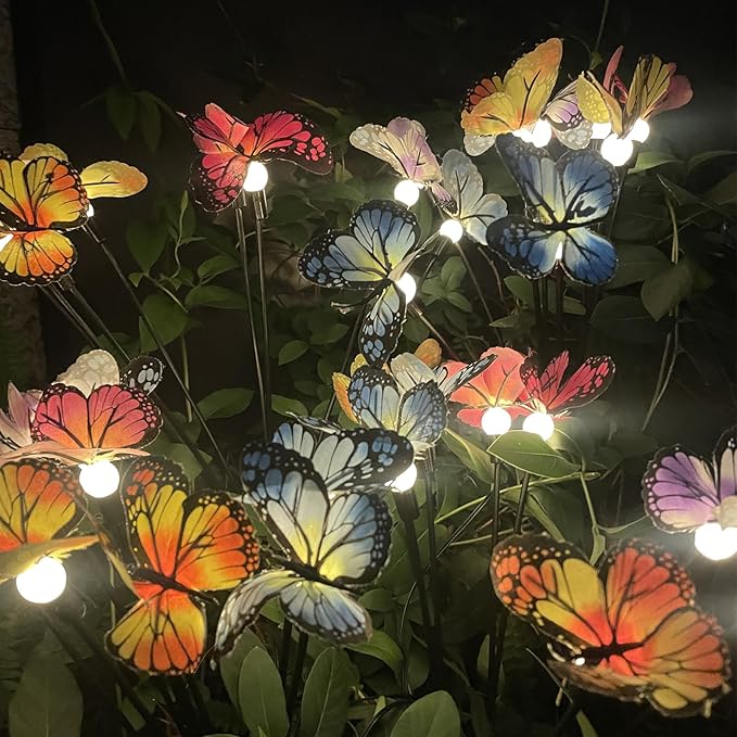 Solar Garden Lights Outdoor Waterproof 4 Pack Solar Power Firefly Butterfly Lights Swaying in The Wind 8 Modes 32LED Realistic Butterflies Gifts for Mom Grandma Yard Patio Pathway Decorations, Warm