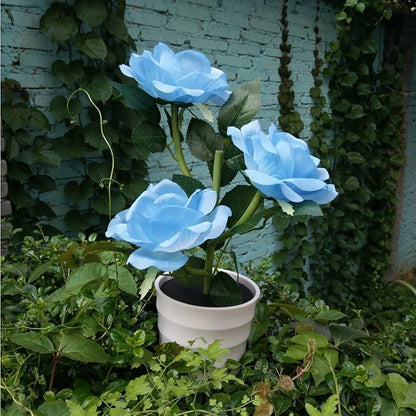 LED Solar Power Decorative Artificial Rose Flower Pot Plant Landscape Light Night Lamp Outdoor Garden Yard Pathway Lawn Grassland Blue
